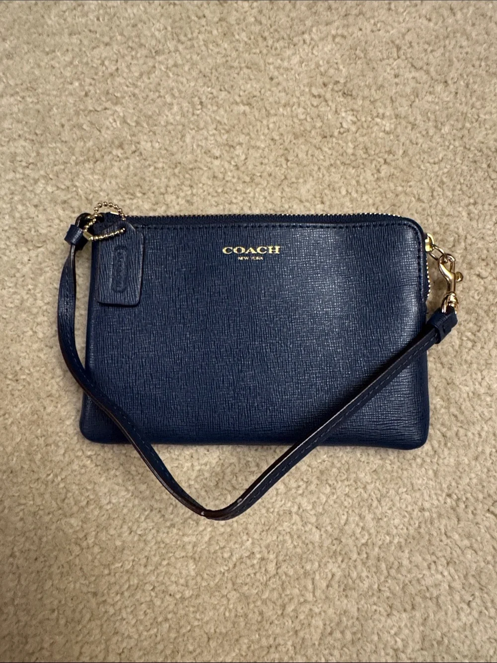 Coach Navy Saffiano Leather Wristlet with Gold Hardware